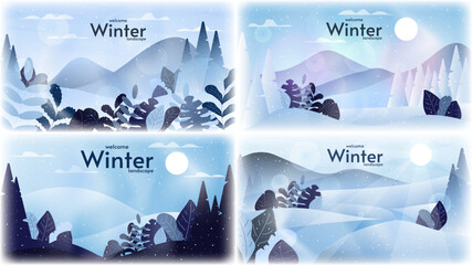Vector illustration. Flat 2D cartoon winter landscape. Snowy backgrounds with leaves. Winter blue sky with sun. Design elements for wallpaper, banner, poster.