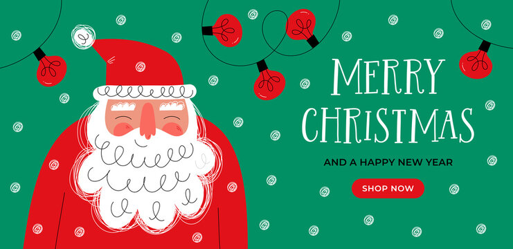 Christmas banner with smiling Santa Claus face. Season sale or online delivery gifts concept.