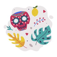 Bright Mexico Object with Decorated Skull and Foliage Element Vector Composition