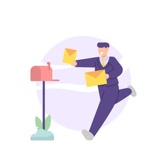 illustration of a person running and putting a letter in a post box. spam mail or messages. broadcasts. send a job application letter. job applicant. flat cartoon style. vector design