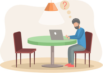 Retired man sitting with computer at home has question. Dealing with technology, using modern gadgets concept. Senior male character, elderly person watching video, chatting, working with laptop