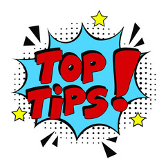 Top tips. Comic book explosion with text -  Top tips. Vector bright cartoon illustration in retro pop art style. Can be used for business, marketing and advertising.  Banner flyer pop art comic 