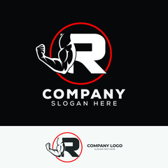 Muscular arm letter R logo design Letter "R" arm biceps in negative space. Simple, excellent, minimal logo design suitable for gym, fitness apparel, gear, sports, etc.