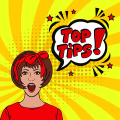 Top tips. Comic book explosion with text -  Top tips. Vector bright cartoon illustration in retro pop art style. Can be used for business, marketing and advertising.  Banner flyer pop art comic 