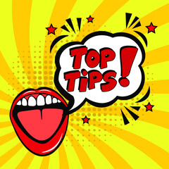 Top tips. Comic book explosion with text -  Top tips. Vector bright cartoon illustration in retro pop art style. Can be used for business, marketing and advertising.  Banner flyer pop art comic 