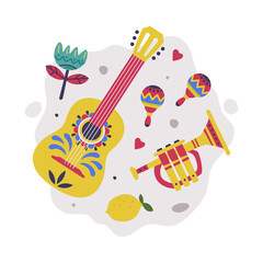 Bright Mexico Object with Guitar, Maraca and Trumpet Element Vector Composition