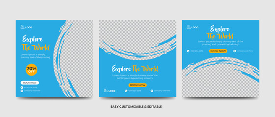 Travel and vacation square social media banner post set with brushstroke. Travel agency ads banner. Modern travel social media