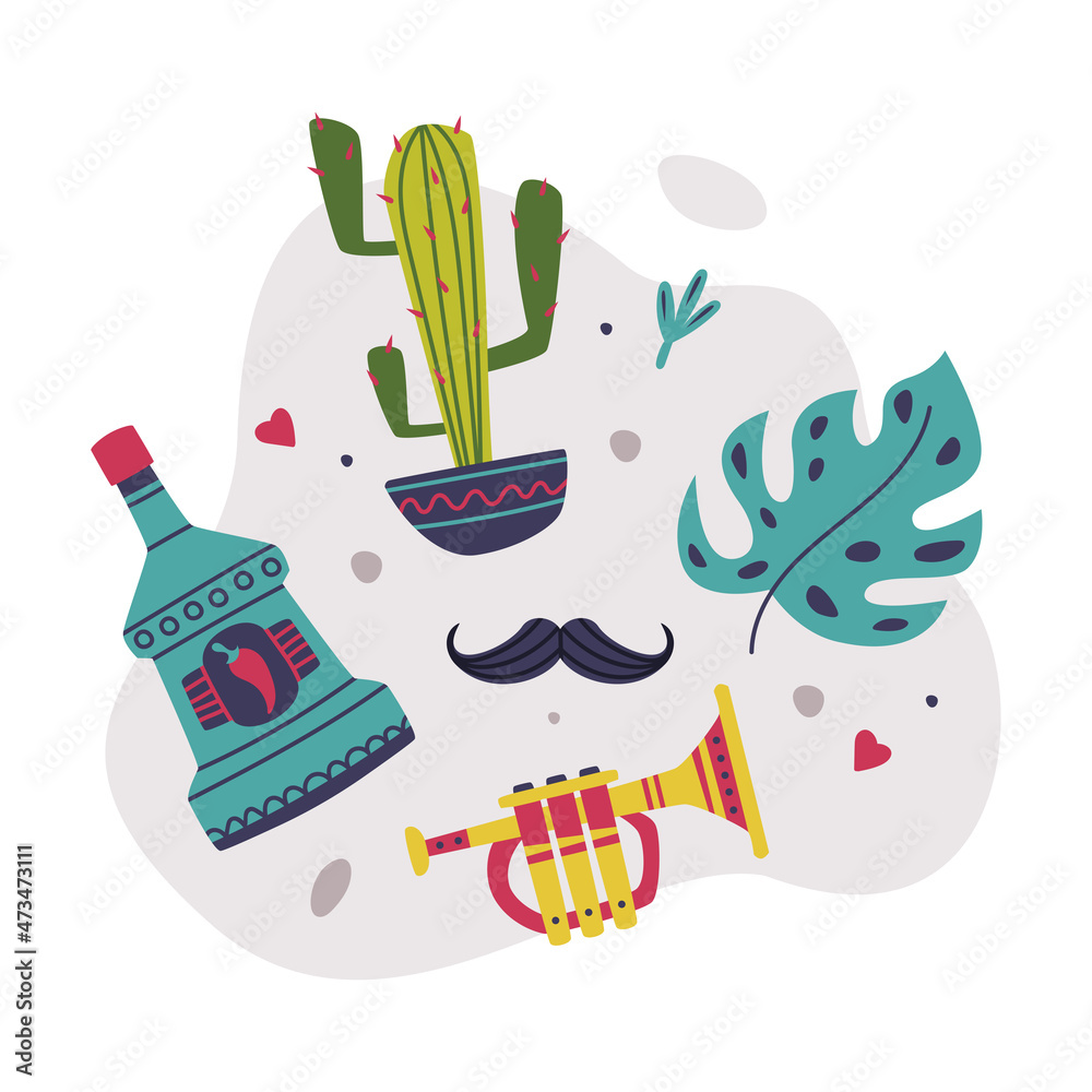 Poster Bright Mexico Object with Peppery Drink Bottle, Cactus and Trumpet Element Vector Composition