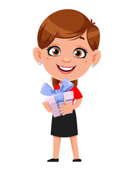 Cartoon business woman holding gift box