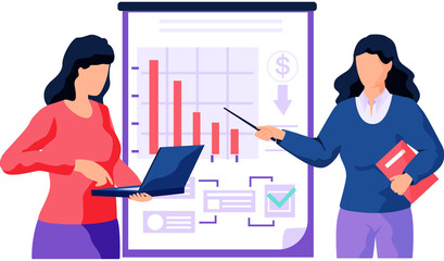 Businesswoman giving employee lecture or presentation of profit chart. Female boss showing and explaining to her colleague plan diagram. Bankruptcy, declining indicators of income, business failure