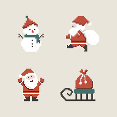 Christmas pixel art with Snowman,  Santa Claus, Sled
