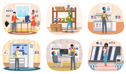 Printing house polygraphy industry composition. Print and polygraphy industry concept. Printing house production process with workers flowchart plotter, printer offset machine working. Print equipment