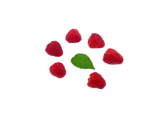 ripe raspberries with green leaf isolated on white background.