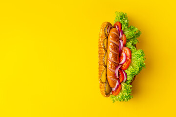 Hot Dog Fast Food on a yellow background with copy space.