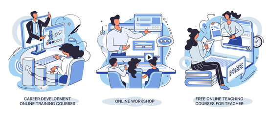 Career development online training courses, online workshop, online teaching courses for teacher. E-learning banners set. Web tutorials concept. Education vlog. Distance web learning with webinar