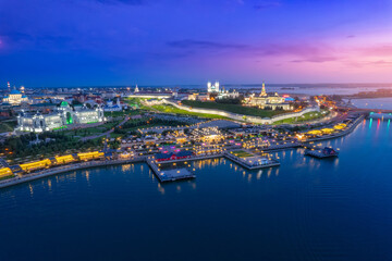 Obraz premium Aerial top beauty view of main attractions city Kazan sunset with light, Tatarstan travel Russia