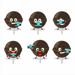 Photographer profession emoticon with sweet chocolate lolipop cartoon character