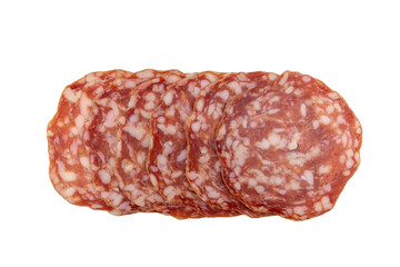 tranches de saucisson isolées sur un fond blanc