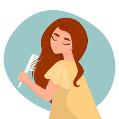 Lovely girl combing her long hair. Concept of Beauty, Hair care , hair health. Woman hairstyle by comb. Vector cartoon illustration.
