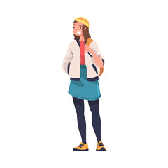 Smiling Woman as Modern University Student in Hat Standing with Backpack Vector Illustration