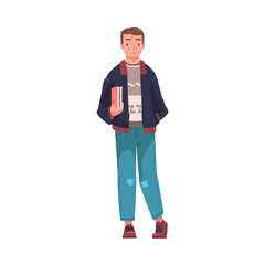 Man as Modern University Student Standing with Book Vector Illustration