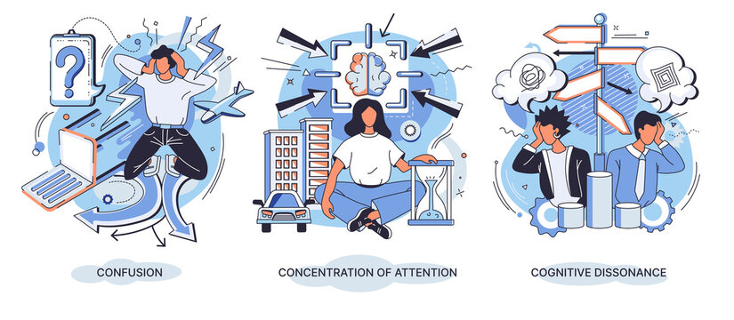 Attention concentration, cognitive dissonance, confusion color icon. Concept of concentration exercise, productive goal setting, mind focus and mindfulness. Mental state abstract concept vector