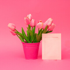 Bouquet of pink tulips in a wicker basket on light pink background, Copy space