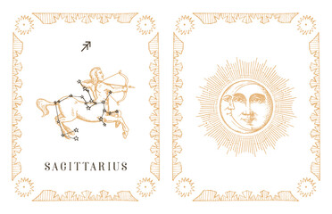 Sagittarius zodiac symbol on old horoscope card.