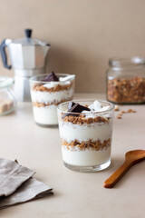 Granola with yogurt, coconut and chocolate. Muesli. Breakfast. Vegetarian food. Healthy eating.
