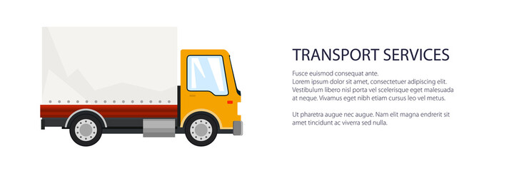 Orange small truck banner , transportation and cargo delivery services and logistics, shipping and freight of goods, vector illustration