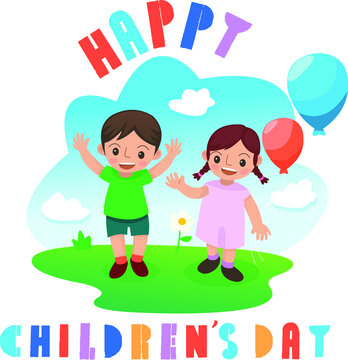 Happy childrens day concept with a pair of children playing with balloons happily