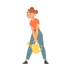 Young Woman with Watering Can Working in the Garden or Yard Vector Illustration