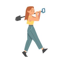 Fototapeta premium Young Woman Carrying Shovel on Her Shoulder for Garden or Yard Work Vector Illustration