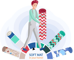Soft mat in your home concept. Textile rolls, rugs or mats scroll, wrapped home cotton fabric. Interior decor, carpet, rolled soft floor covering, wrapping. Household chore, tapis store or shop