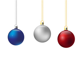 Three red, silver and blue Christmas baubles.