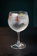 Gin tonic glass on the dark bar counter - mixology concept - side view