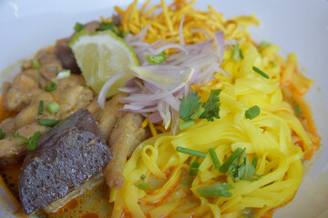 Khao Soi in Northern Thai food. Choose focus and blur according to lens character. Close-up picture