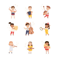 Funny Children Playing Musical Instrument Performing on Stage Vector Set