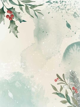 Watercolor winter background with plants, branches, berries and splashes. Christmas pre-made scene