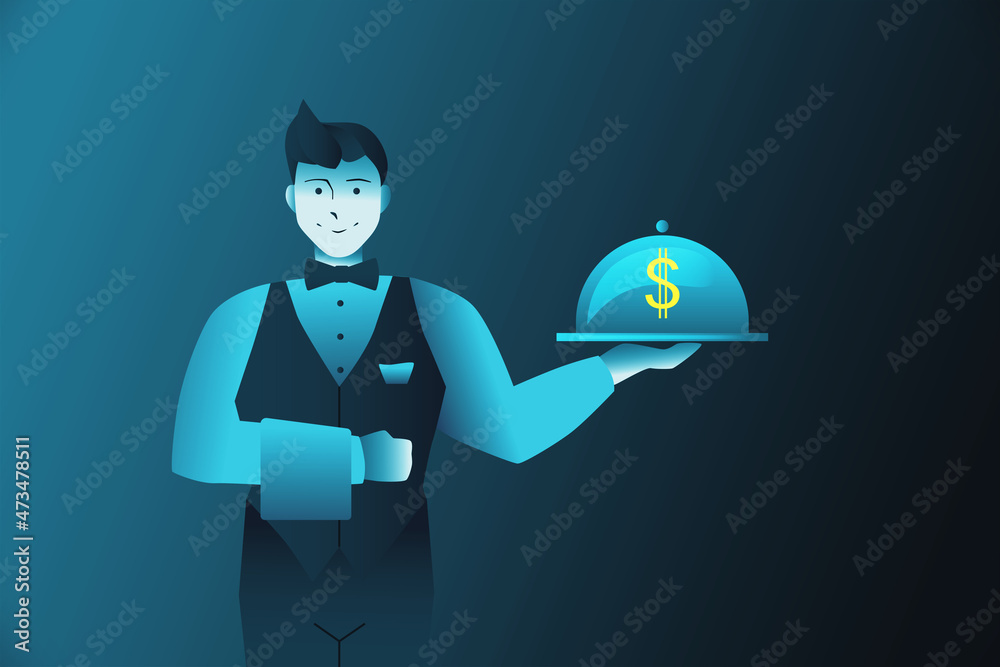 Poster creative digital image of a clerk man holding tray with a golden dollar sign. money, currency and in