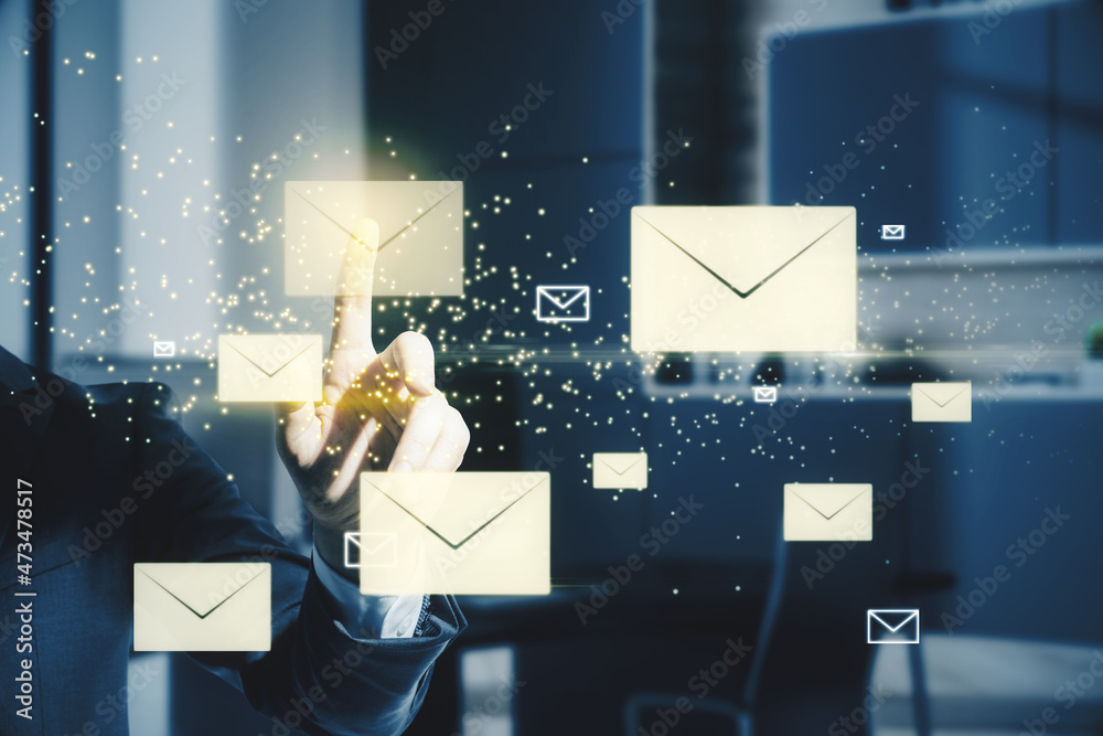 Poster close up of businessman hand pointing at creative glowing letters interface on blurry office interio