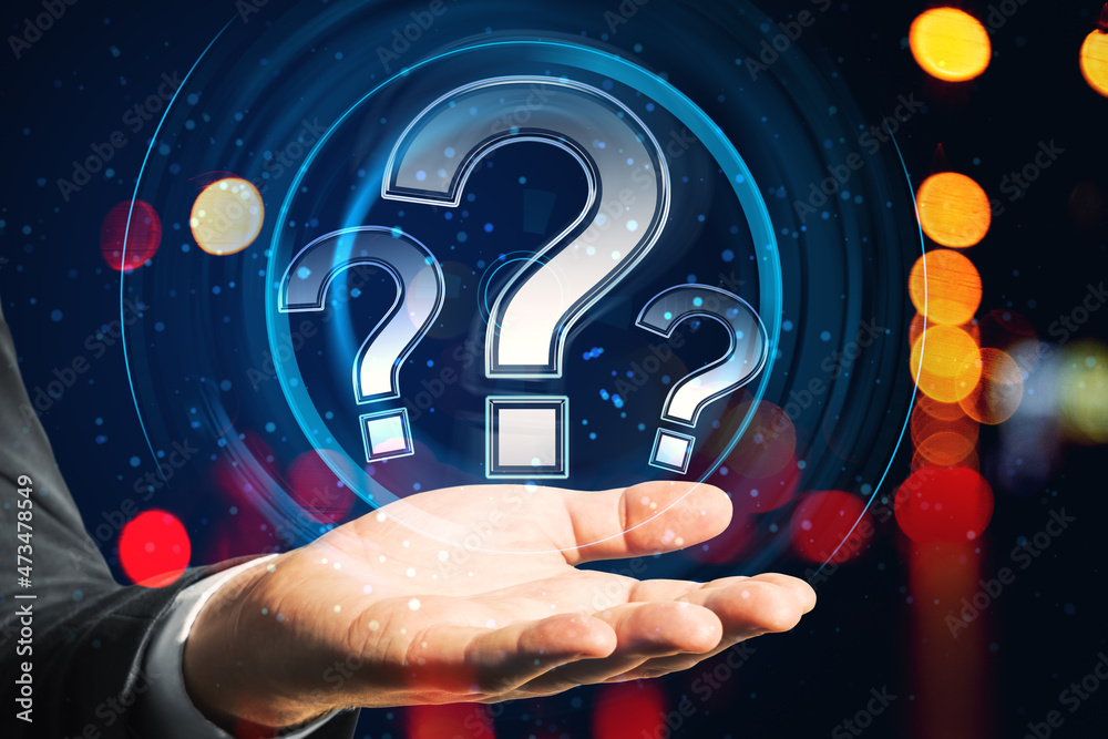Poster close up of man hand holding glowing round question mark hologram on blurry bokeh background. faq an