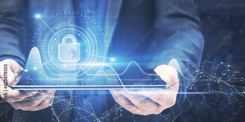 Aufkleber Close up of businessman hand using pad with bstract business chart with padlock interface glowing on blurry city background. Investment, stock, safety and account protection concept. Double exposure.
