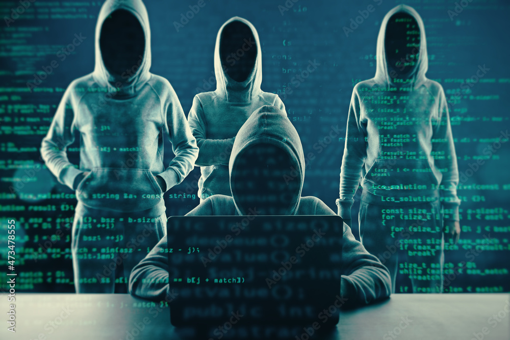 Poster Image of a group of hackers in hoodies standing on abstract dark coding background. Malware, phishing and theft concept. Double exposure.
