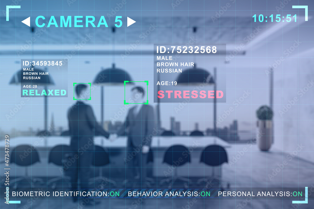 Poster abstract image of businesspeople shaking hands in blurry office interior with camera cctv facial rec