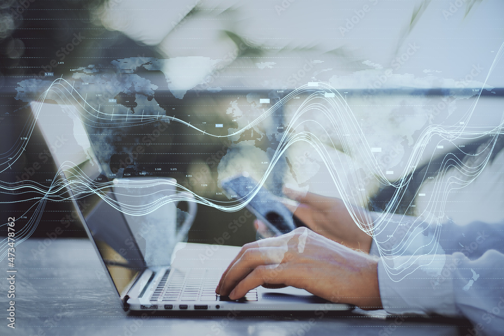 Poster close up of businessperson hands using laptop and smartphone with creative glowing business chart an