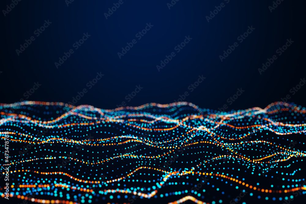Aufkleber creative digital polygonal wave on dark blue backdrop with mock up place. technology and design conc