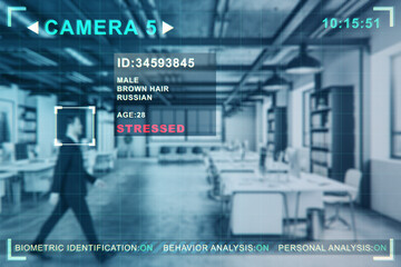Abstract image of businessman in blurry office interior with camera cctv facial recognition...