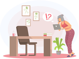 Elderly woman working on laptop with exclamation point, question mark. Old female character eating and looking at computer monitor. Senior lady dealing with technology, working with gadgets