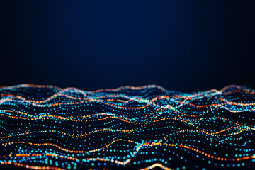 Creative digital polygonal wave on dark blue backdrop with mock up place. Technology and design concept. 3D Rendering.